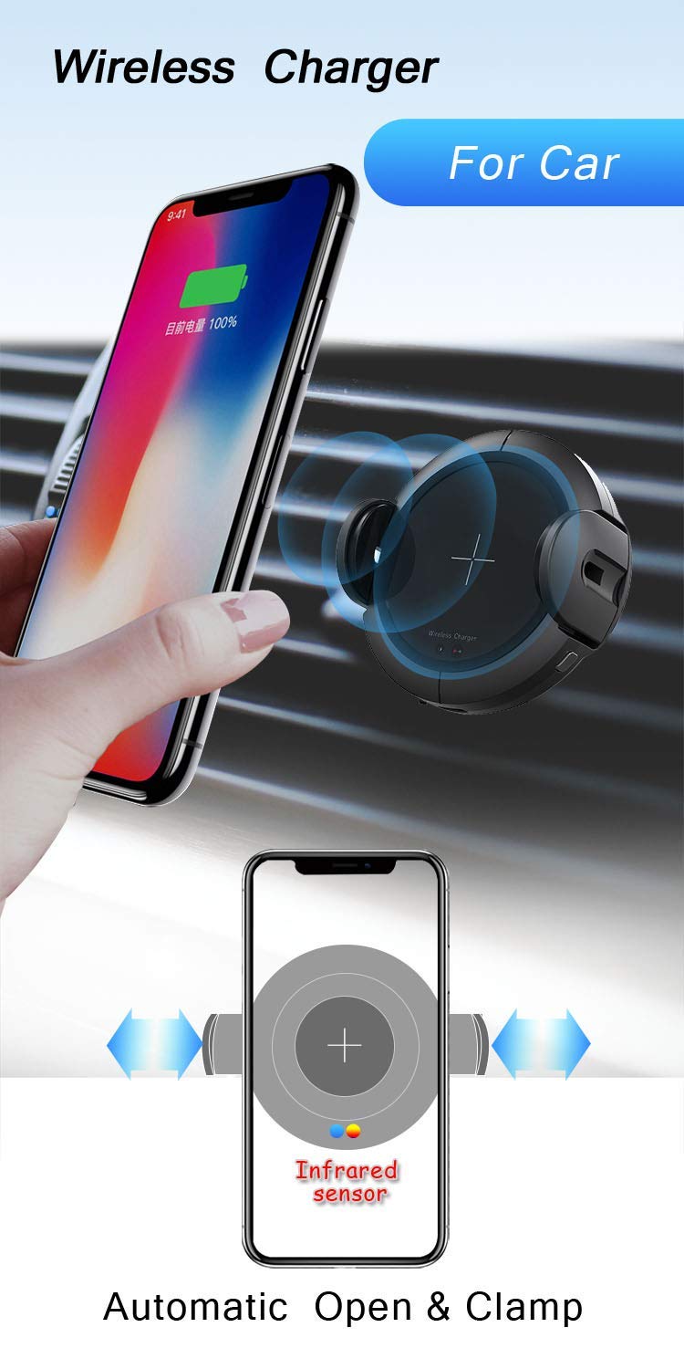IdealTech 2019 New Wireless Car Charger Mount Phone holder Automatic Open Clamp Air Vent Mount with Infrared Motion Sensor for iPhone Xs Max X XR Samsung S9/S8/S7/S6+ (15Watt) Qi Fast Charging
